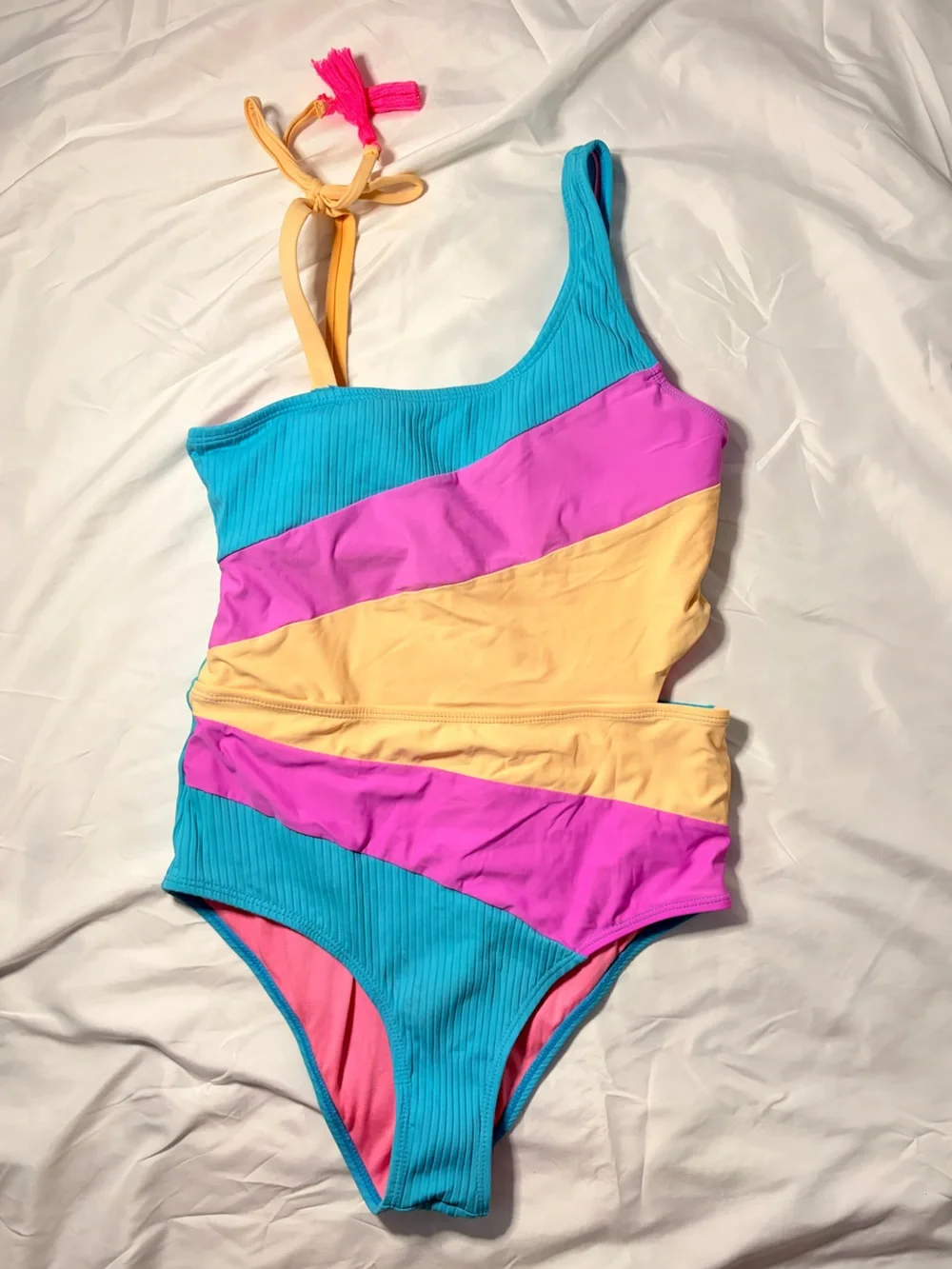 Girls' Colorblock One-Piece Swimsuit in Turquoise, Pink & Yellow